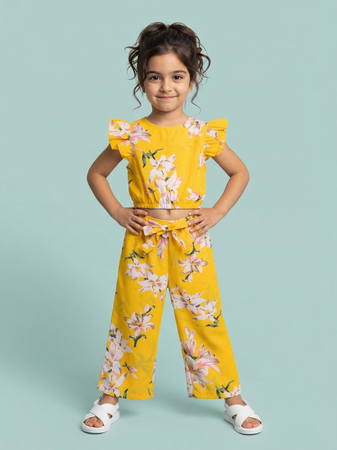 Nautinati Girls' Cotton All-over Floral Printed Ruffled Top & Trousers Co-ord Set