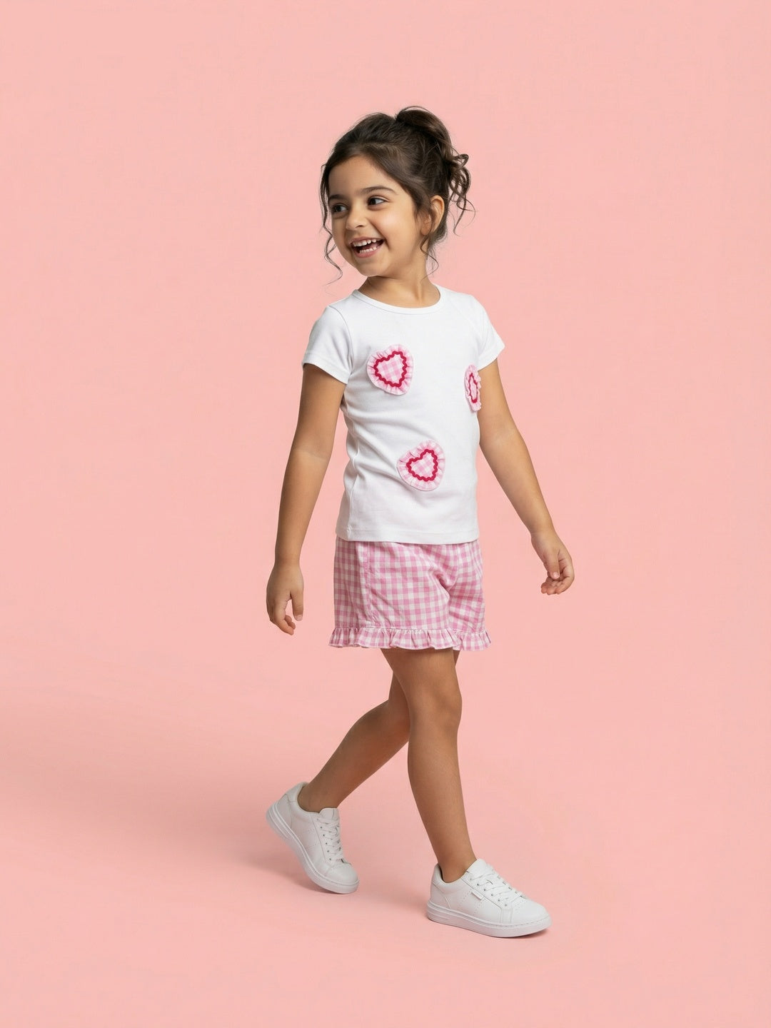Nautinati Girls 100% Cotton Hearts Applique Oversized T-Shirt With Gingham Shorts