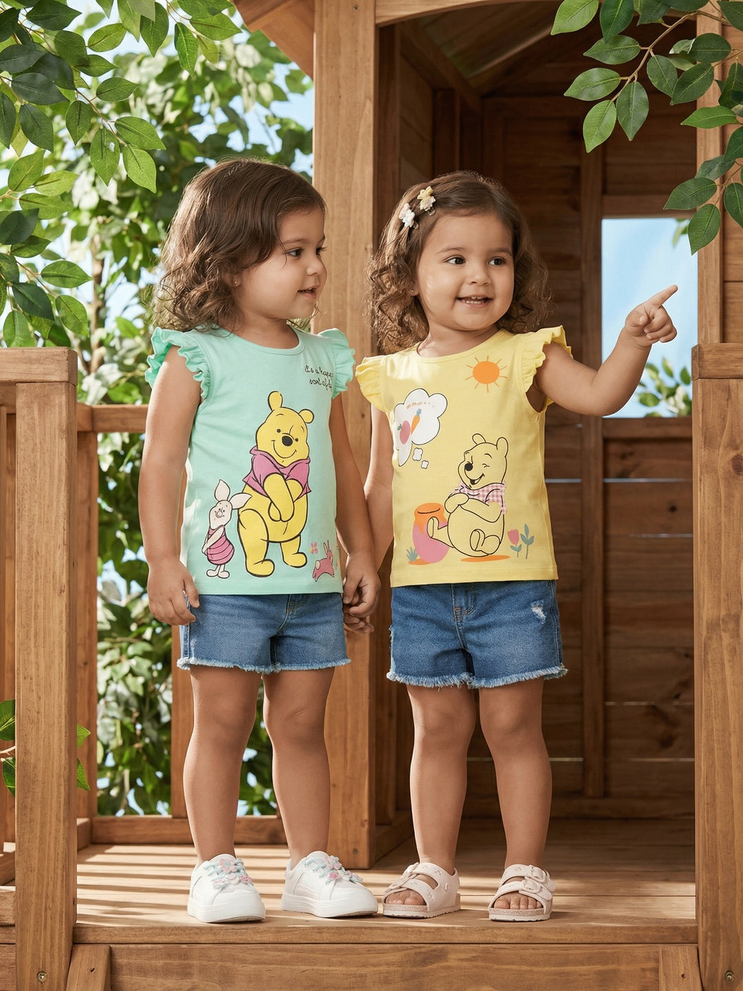Nautinati Baby Girls' 100% Cotton Pack of 2 Disney Winnie the Pooh Placement Print Tops