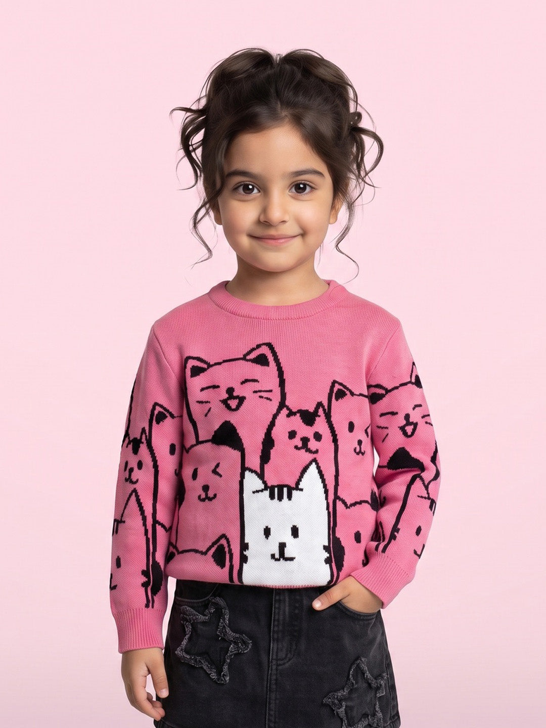 Nautinati Girls Relaxed Fit Pink Cats Round Neck Full Sleeves Sweater