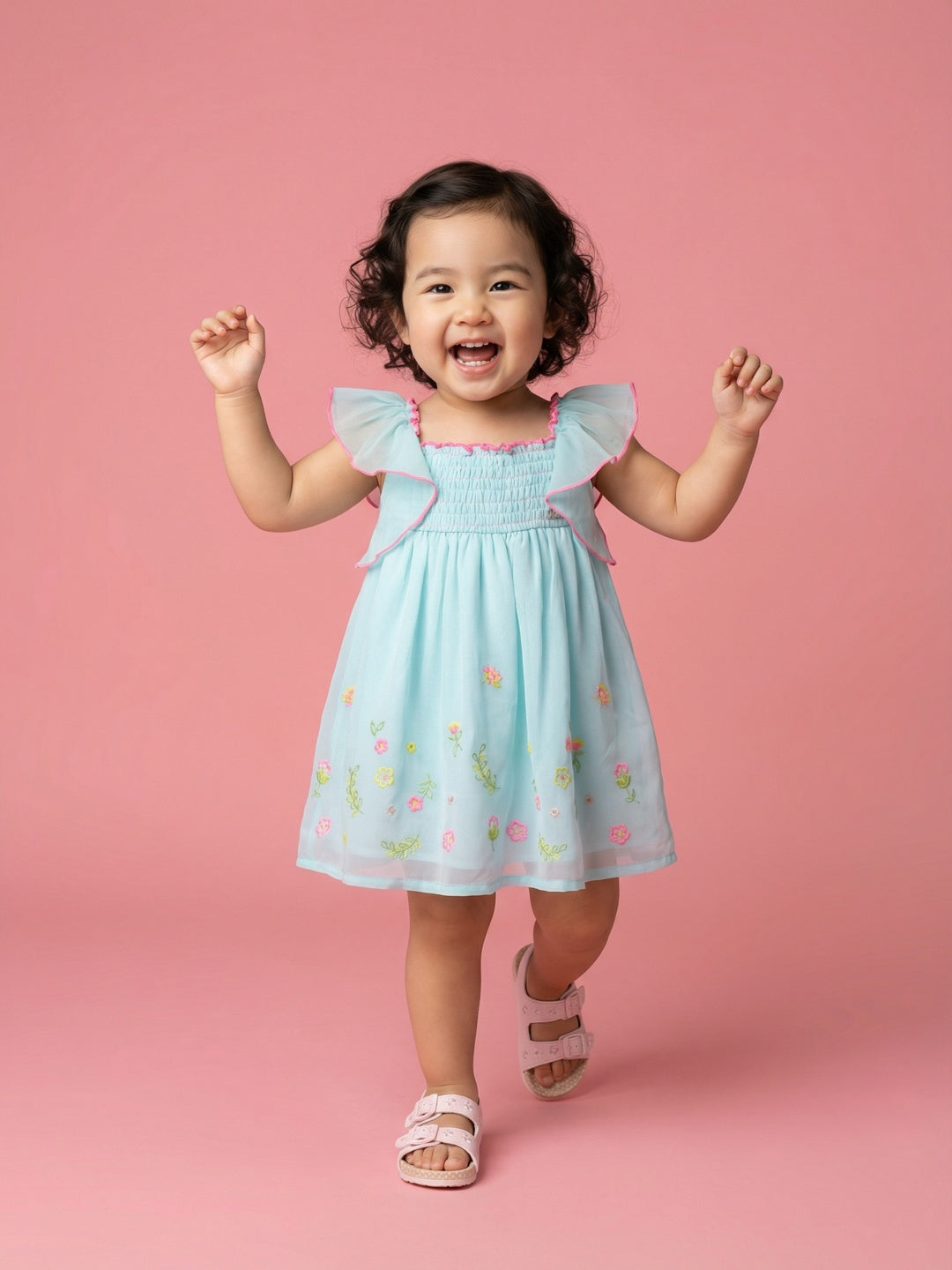 Nautinati Girls' Georgette Floral Embroidered Smocked A-Line Dress