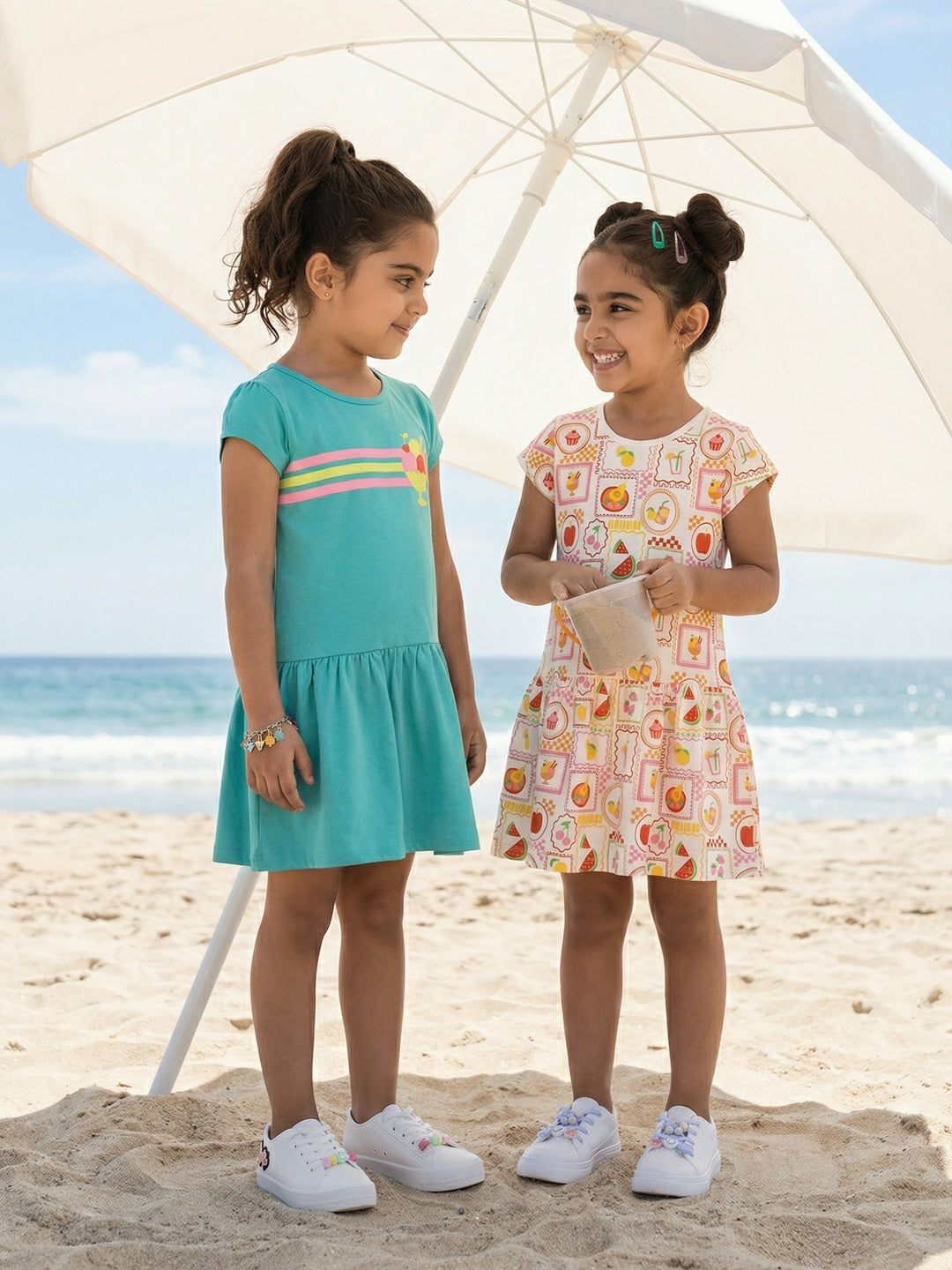 Nautinati Girls' 100% Cotton Pack of 2 A-line Drop Waist Dresses with Dessert theme Striped Graphic & All-over Print