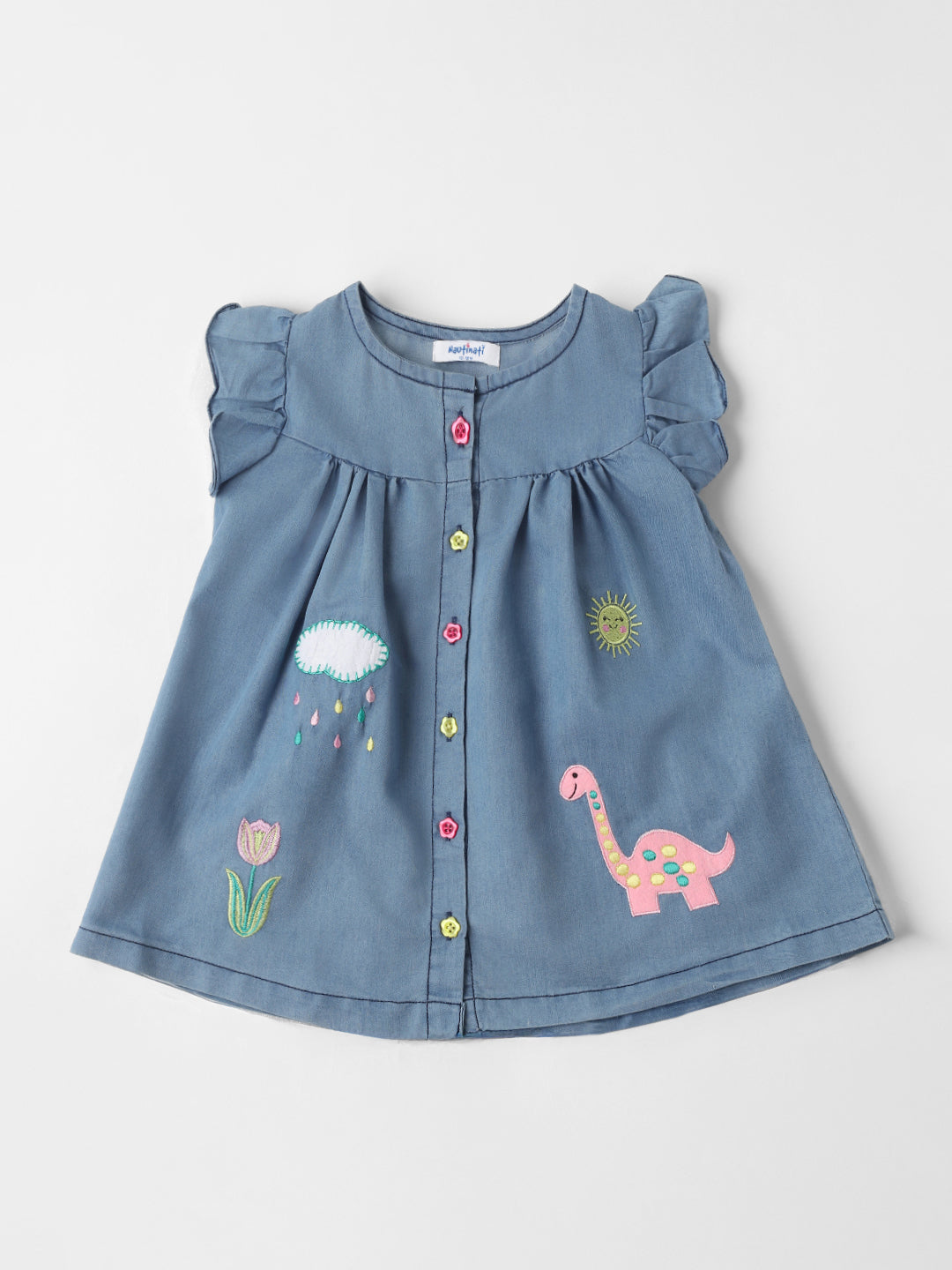 Nautinati Girls Cotton Embroideries and Sewn On Patches Flutter Sleeves Dress