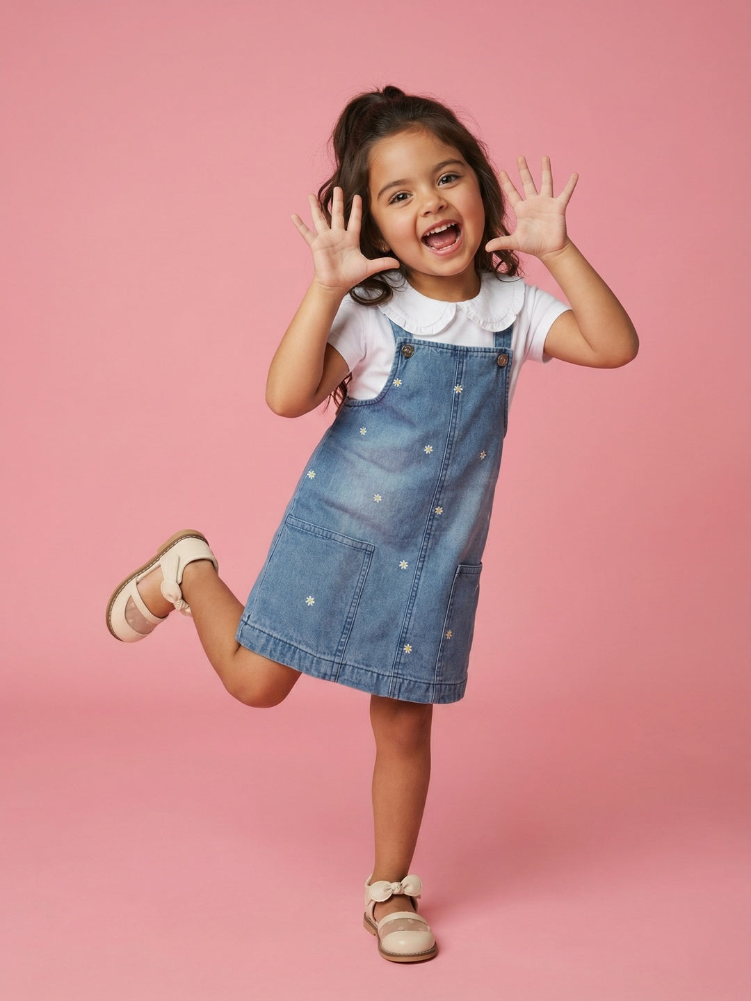 Nautinati Girls Floral Embroidered Pure Cotton Pinafore with T-shirt Co-ord Set
