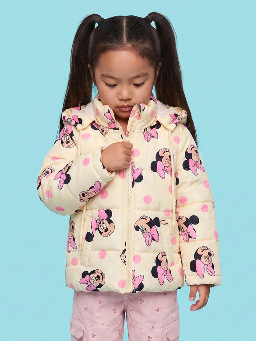 Nautinati Girls Disney Minnie Mouse Printed Hooded Puffer Jacket with Detachable Hood