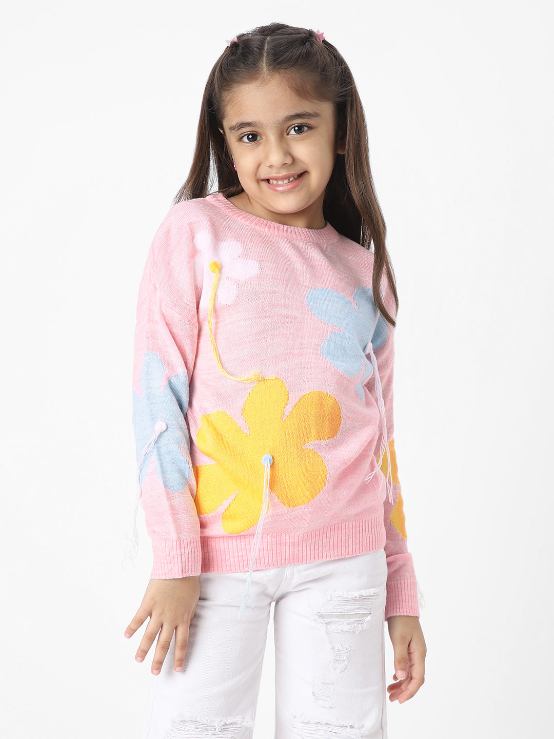 Girls Floral Knit Sweater With Playful Tassels