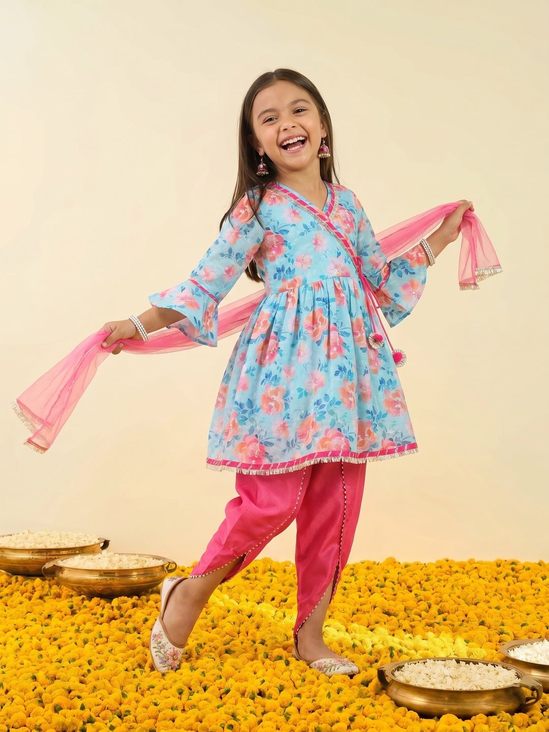 Nautinati Girls' Printed Chanderi Kurta Set with Dupatta