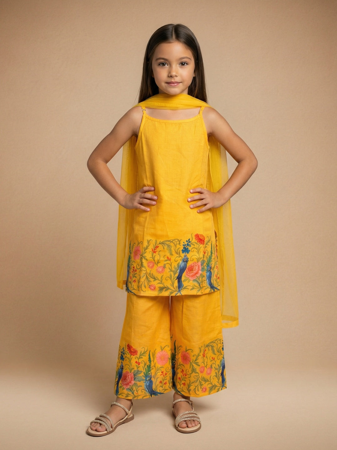 Nautinati Girls' Cotton Blend Woven Festive Floral Hem Printed Strappy A-line Kurti with Wide-leg Bottoms
