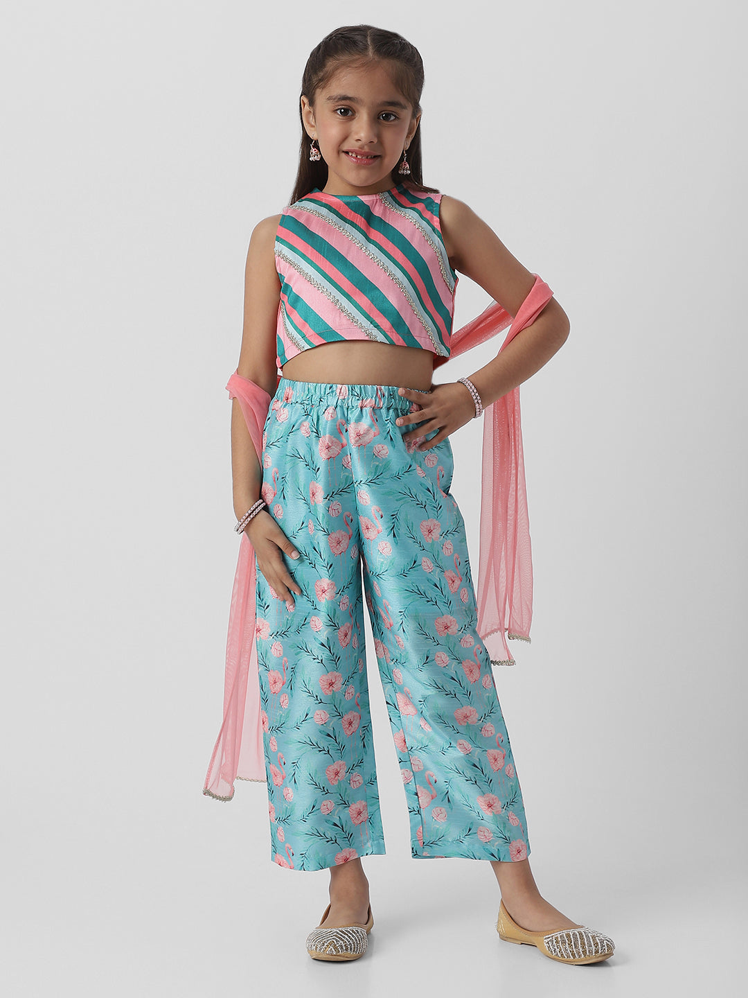 Nautinati Girlsâ€™ Striped Sleeveless Top and Printed Straight Pants with Net Dupatta