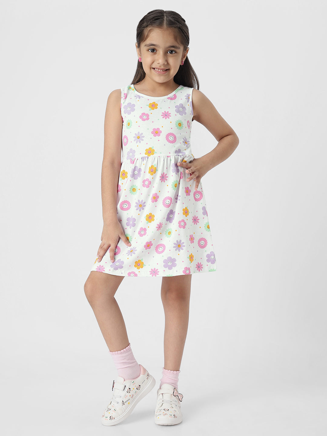 Nauti Nati Digital Girls Printed Sleeveless Round Neck Pure Cotton Casual Dress