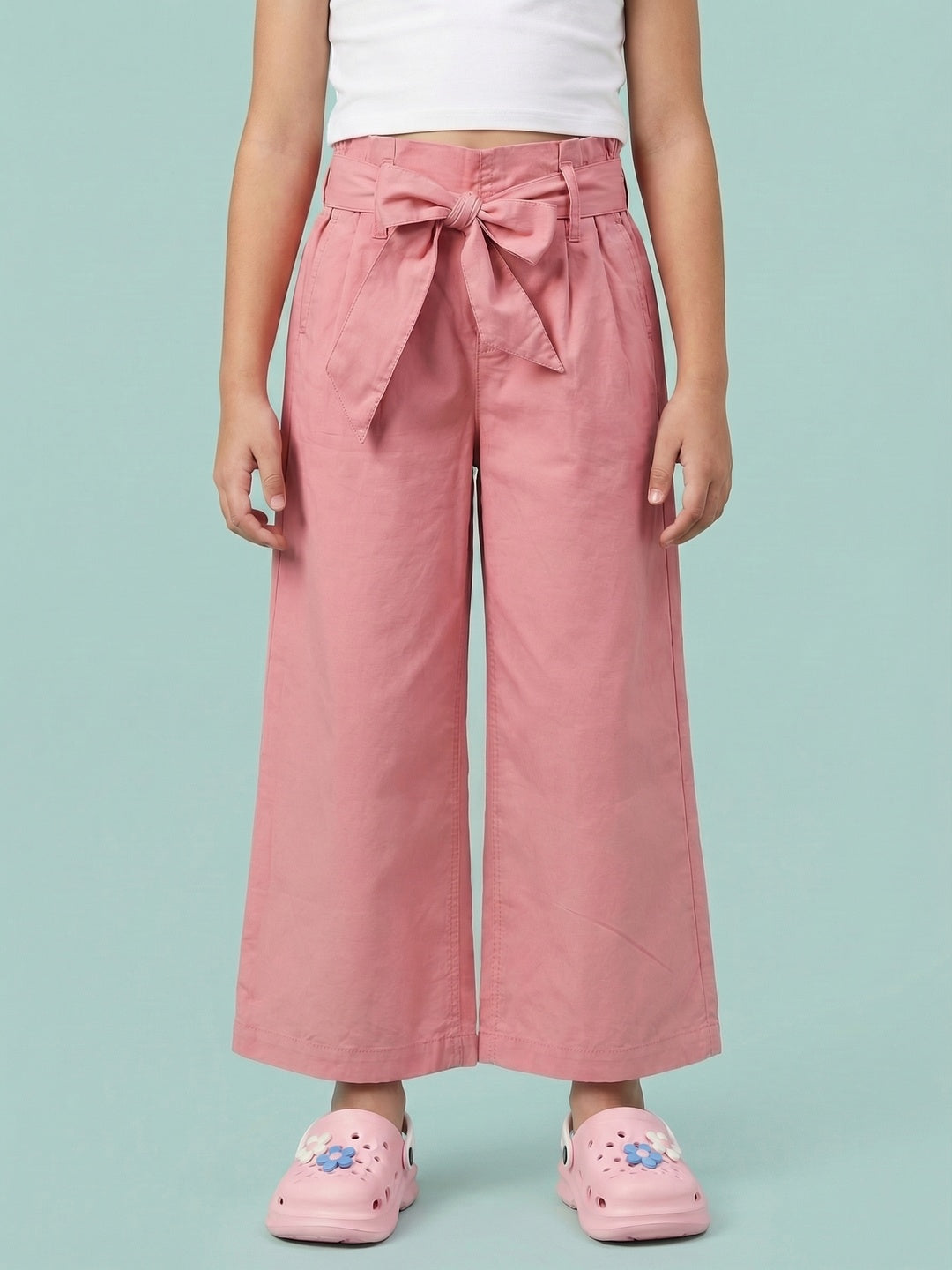 Nautinati Girls' 100% Cotton Solid Loose Fit Paperbag High-waist Wide-leg Pants with Belt
