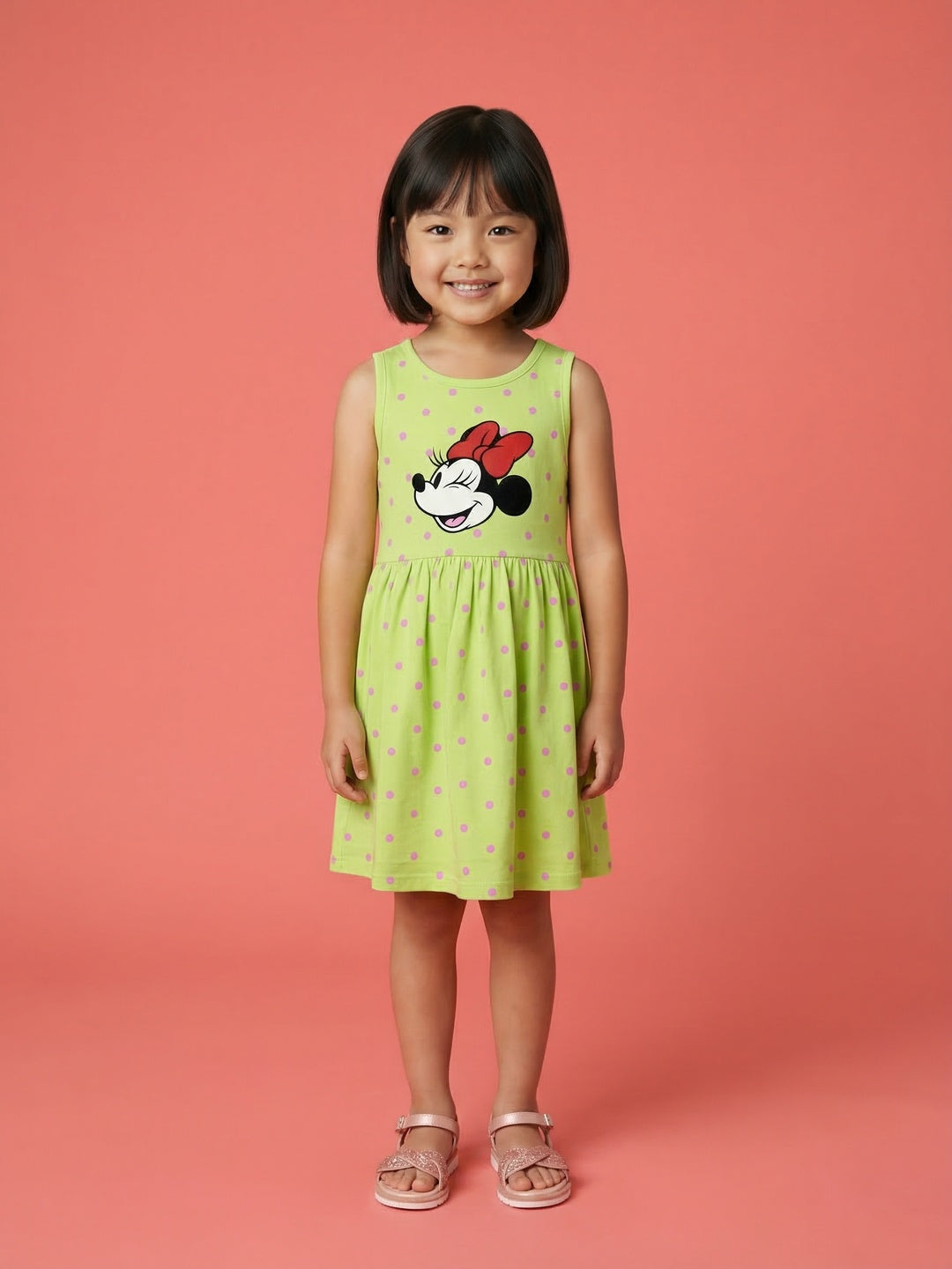Nautinati Girls' 100% Cotton Disney Minnie Mouse Placement Print & Polka Dot Print Dress