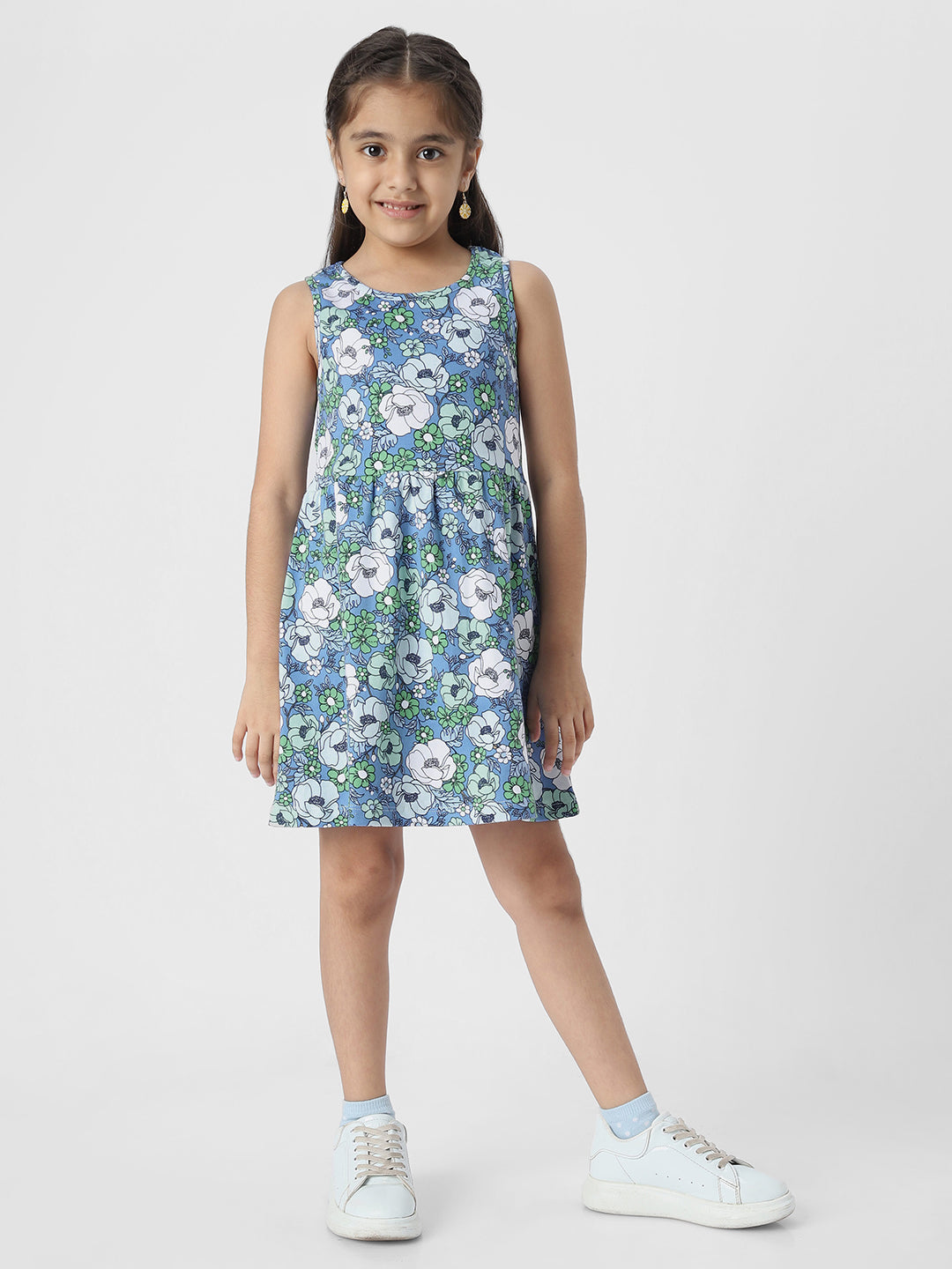 Girls Blue Floral Printed Sleeveless Round Neck A-Line Dress