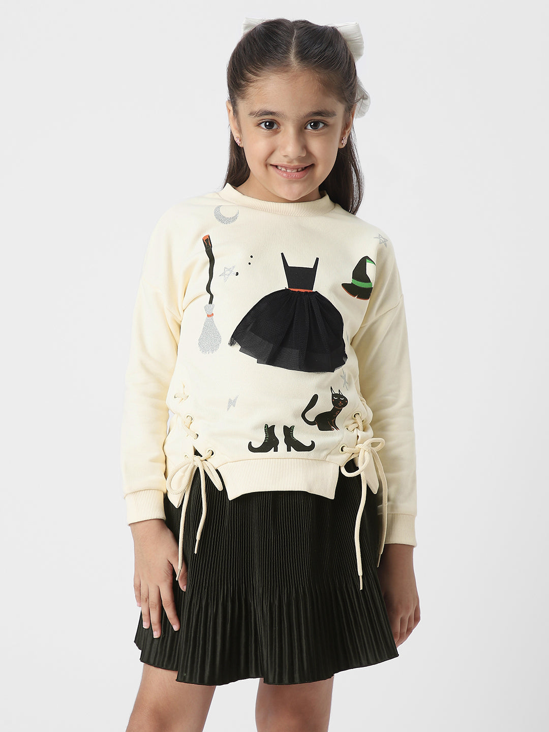 Girls Halloween-Themed Sweatshirt With Lace Inserts