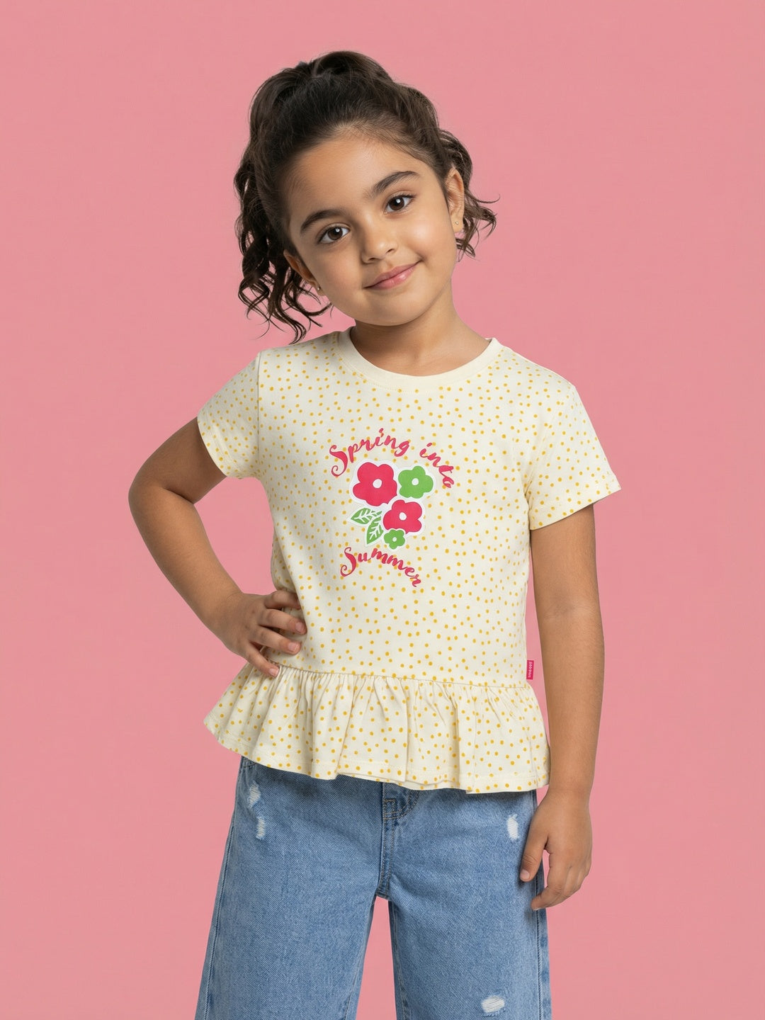 Nautinati Girls' 100% Cotton Off-white Polka All-over Print & Floral Graphic Peplum Top