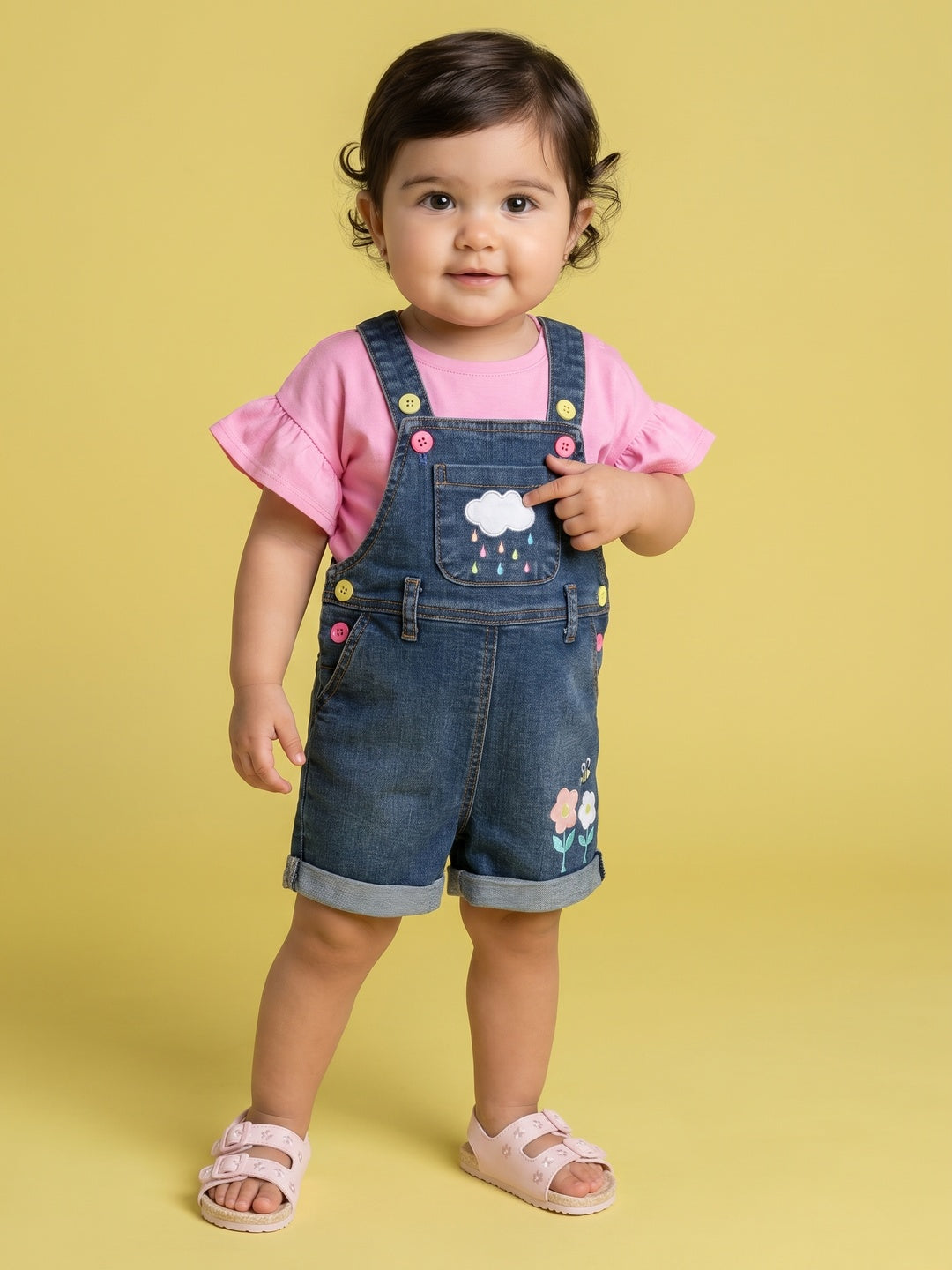 Nautinati Girls' Cloud, Rain, bees & Flower Embroidered Denim Dungaree