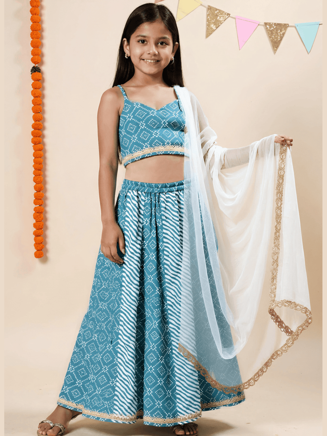 Nautinati Blue Festive Blouse and Lehenga Set for Girls