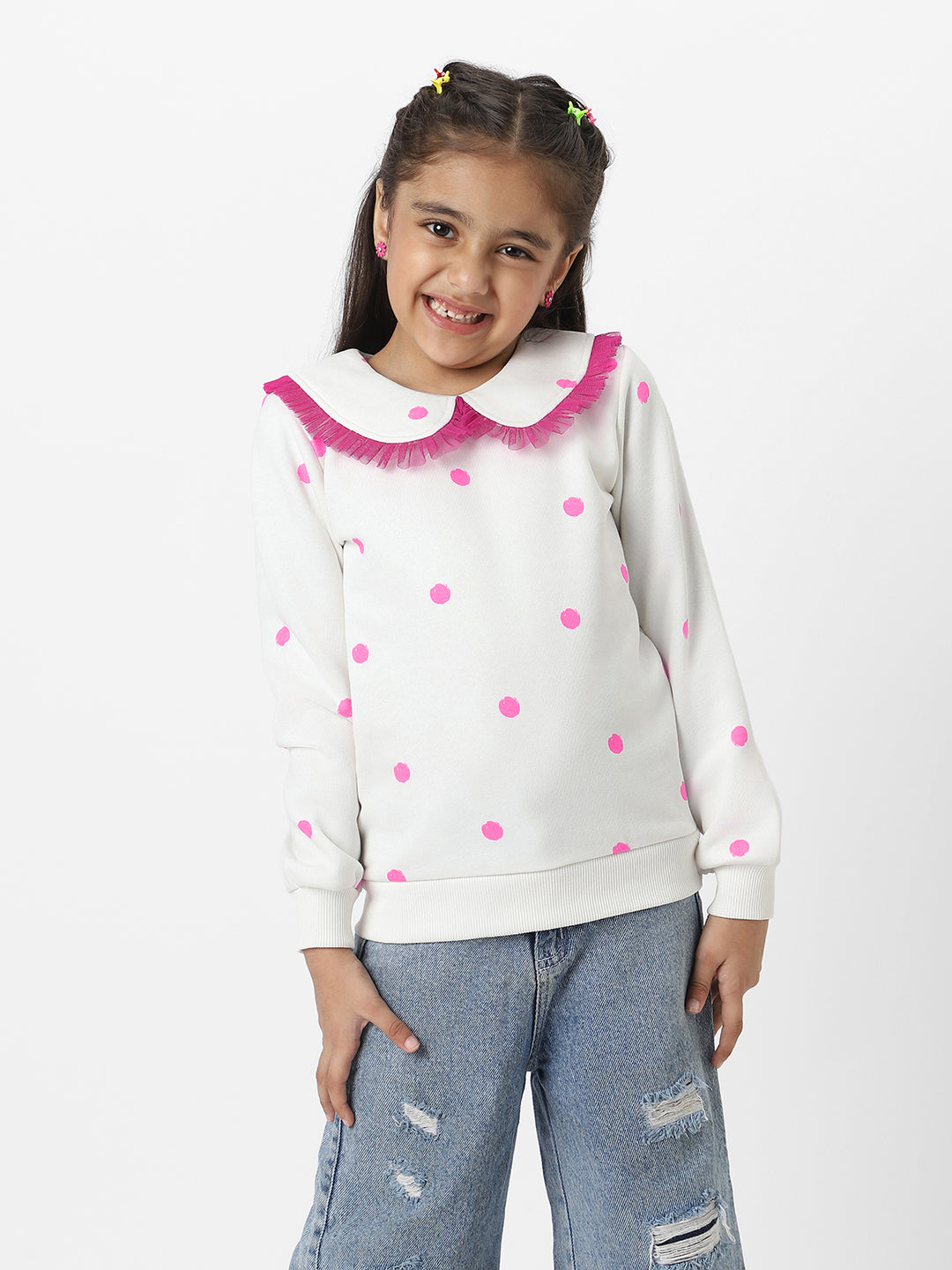 Nautinati Girls Snow White Dot Printed Ruffle Sweatshirt With Sling Bag