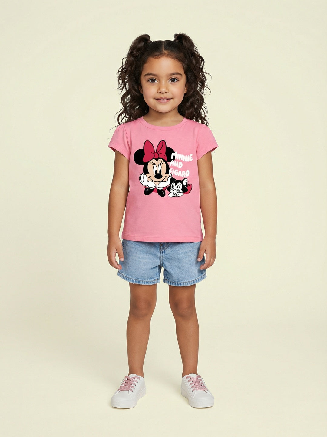 Nautinati Girls' 100% Cotton Crew Neck Disney Minnie Mouse & Figaro Printed T-shirt