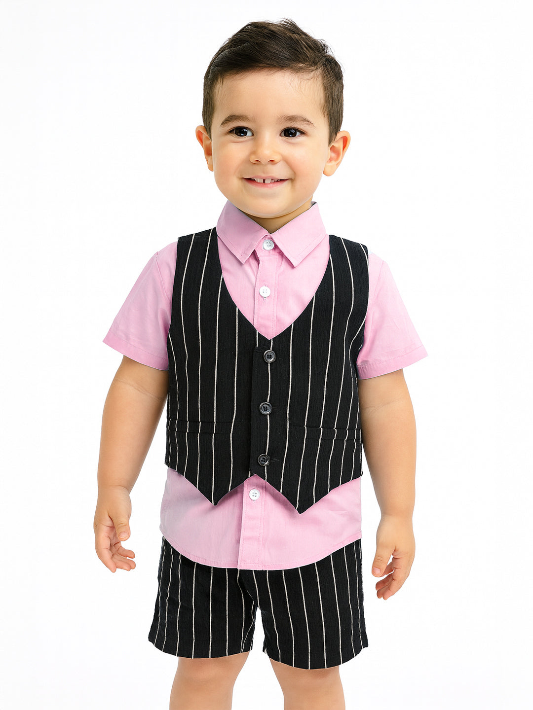 Nautinati Pink And Black Cotton Shirt With Striped Bottom & Waistcoat 3-Piece Set For Boys