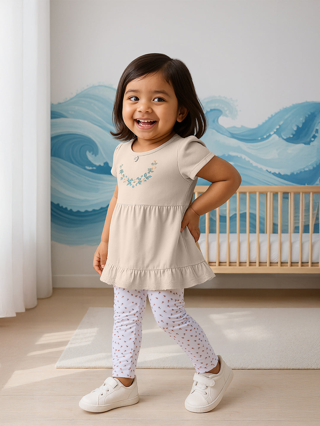 Nautinati Embroidered Cream Top And Floral White Leggings Set For Infant Girls