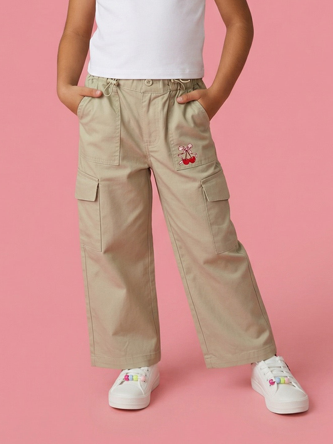 Nautinati Girls Pure Cotton Cherry Placement Print Baggy Fit Wide-leg Pants
