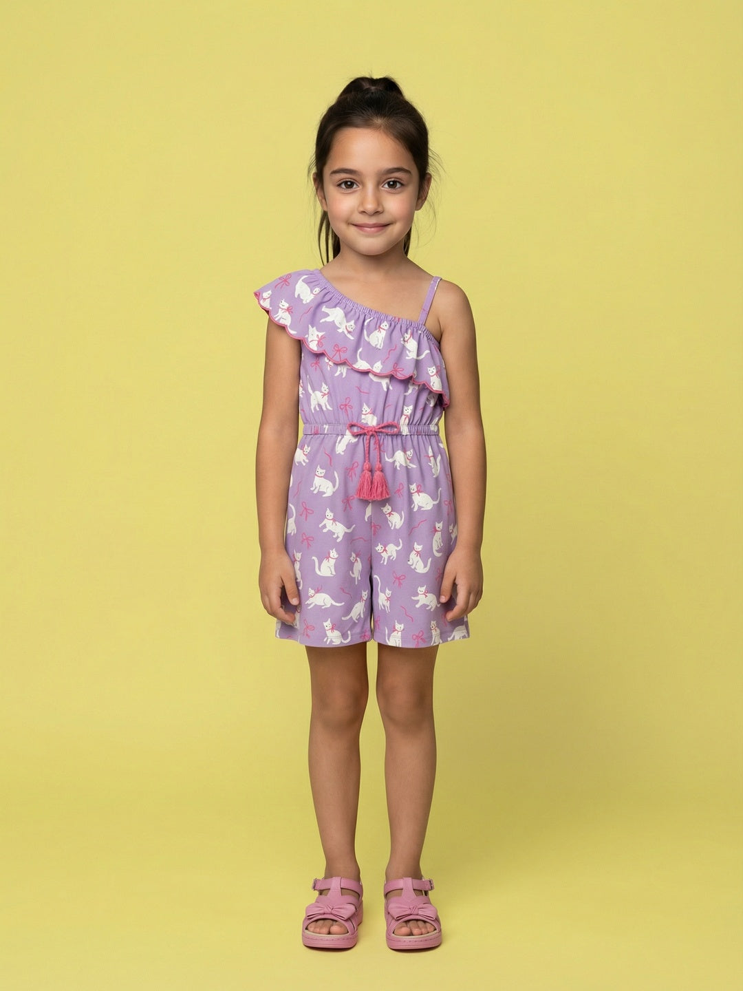 Nautinati Girls' Asymmetric Off-shoulder Cat Printed Playsuit with Tassel & Scallop Details