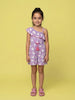 Nautinati Girls' Asymmetric Off-shoulder Cat Printed Playsuit with Tassel & Scallop Details