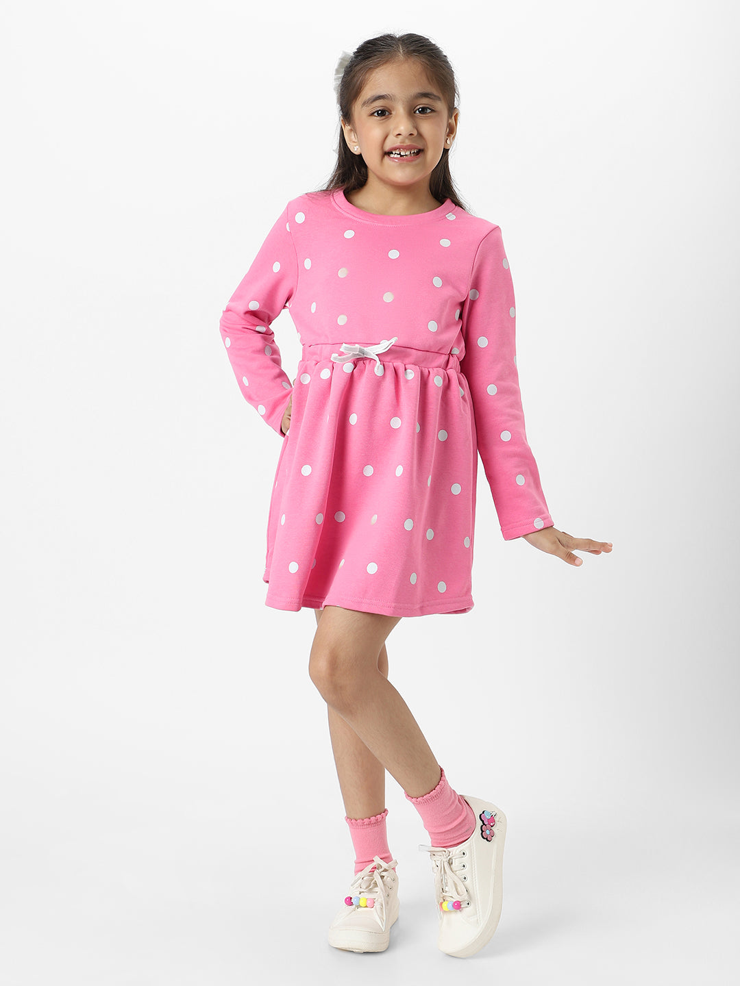 Nautinati Girls Fleece Polka Dot Print Bow Belted Dress