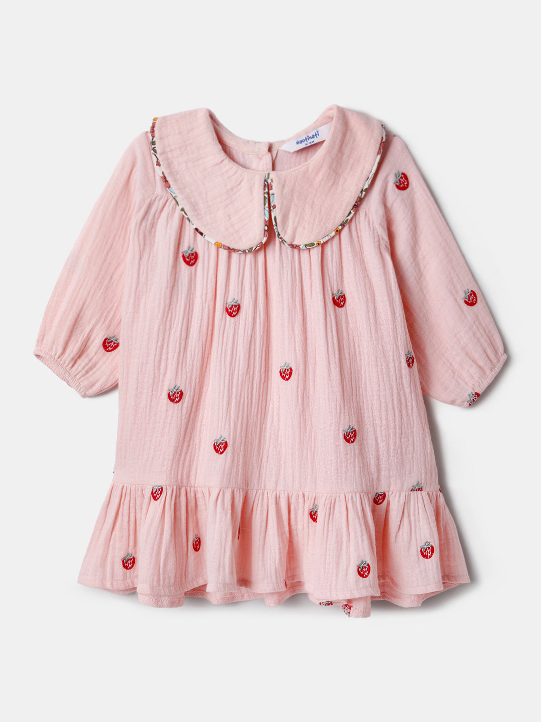 Nautinati Baby Pink Strawberry Embroidered Dress for Infant Girls