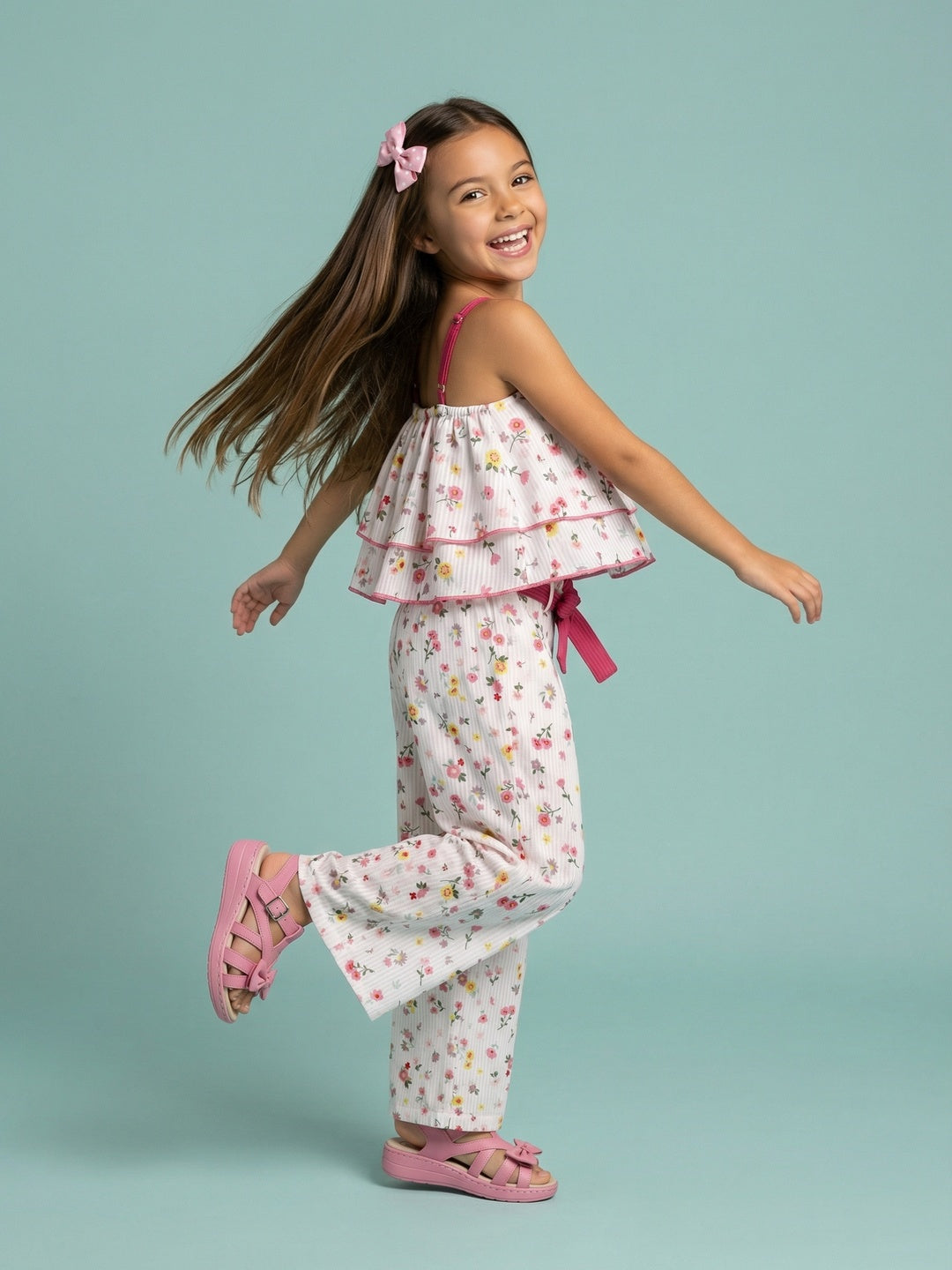 Nautinati Girls 100% Cotton Floral Printed Crop Top With Wide Leg Bottom Co-Ord Set