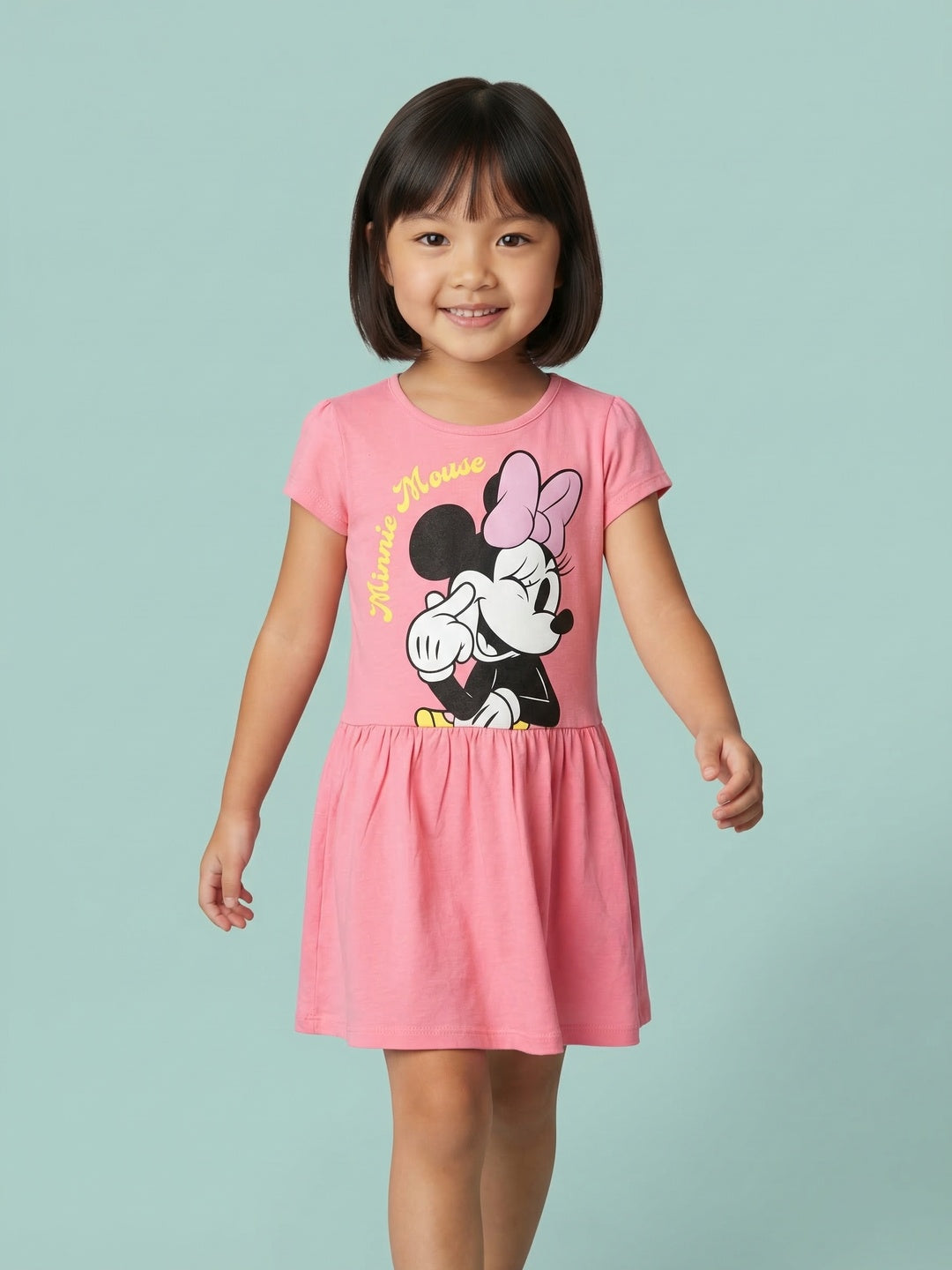 Nautinati Girls' 100% Cotton Disney Minnie Mouse Placement Print A-line Dress