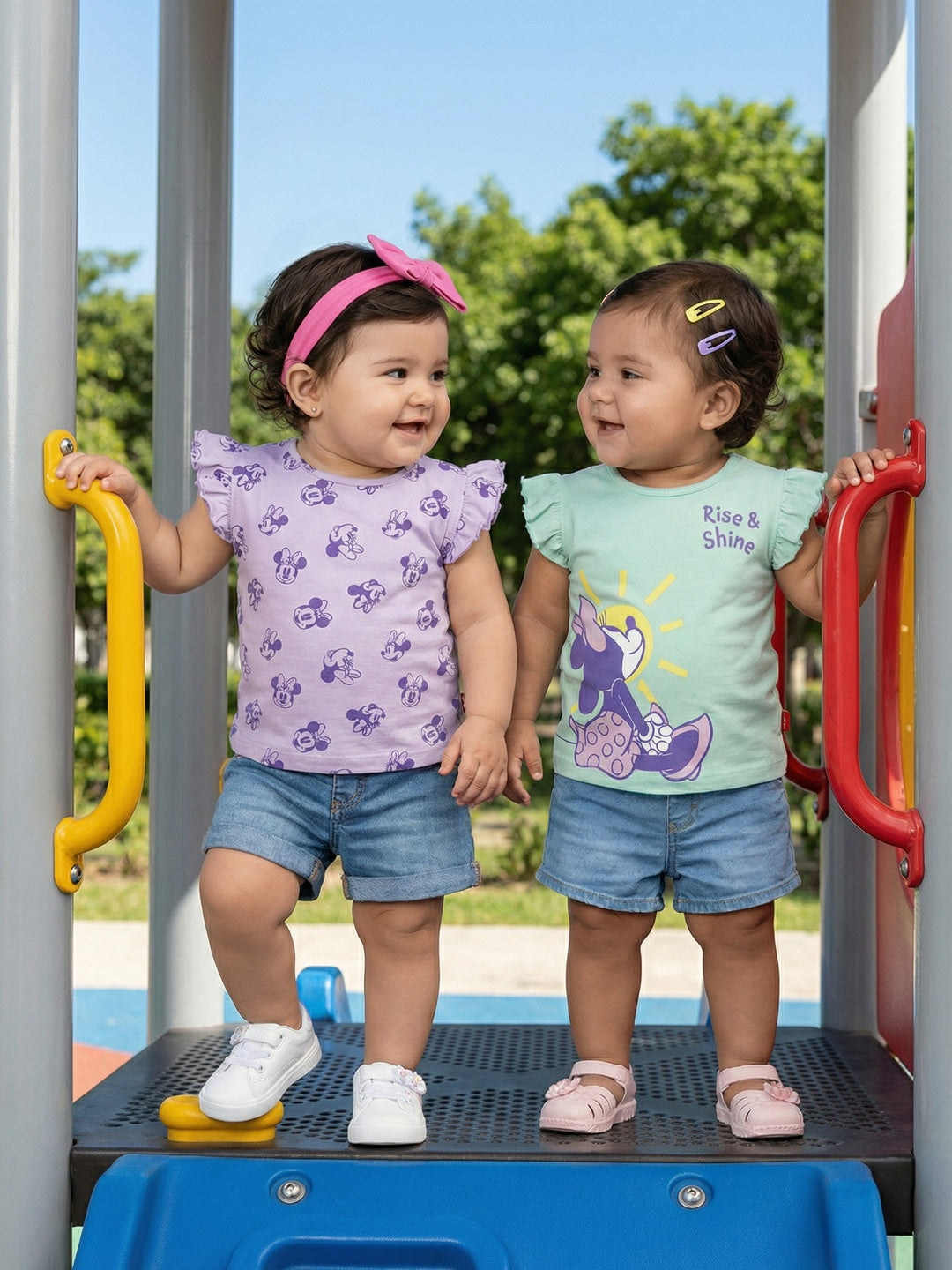 Nautinati Baby Girls' 100% Cotton Pack of 2 Disney Minnie Mouse Graphic & All-over Print Tops