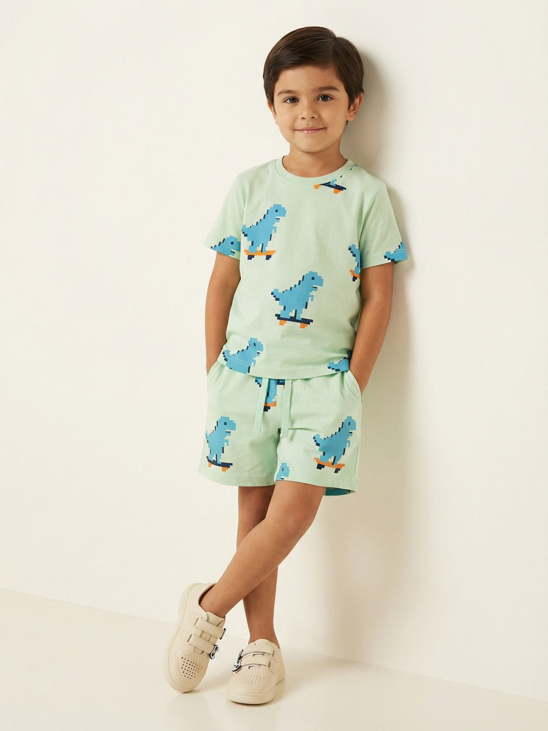 Nautinati Boys' Animal Printed Regular Fit Round Neck T-shirt and Shorts Co-ord Set