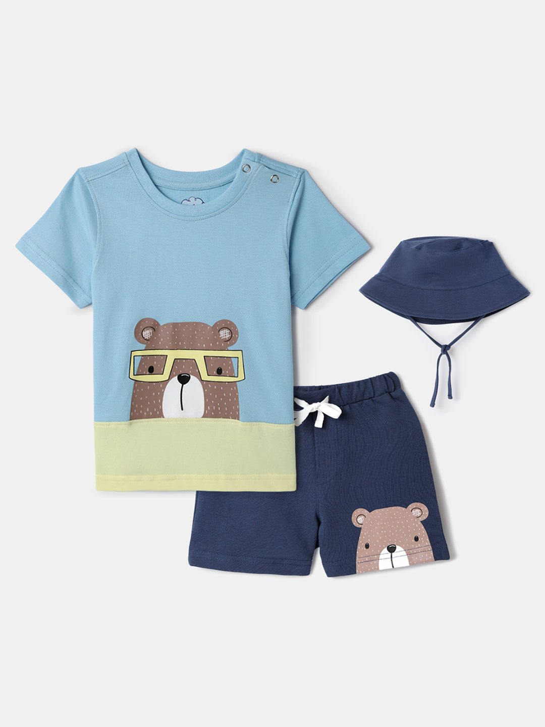 Nautinati Blue Colourblocked and Bear Print  T-shirt and Shorts Set With Bucket Hat for Boys