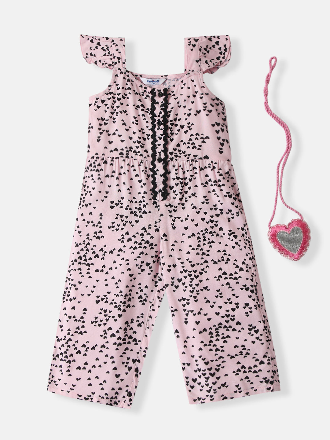 Nautinati Girls Cotton Heart Printed Printed Jumpsuit with Sling Bag