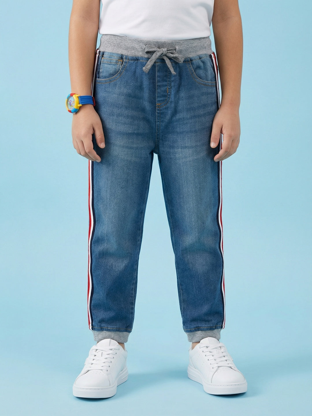 Nautinati Boys' 100% Cotton Stretchable Dark Wash Jogger Jeans with Side Tape