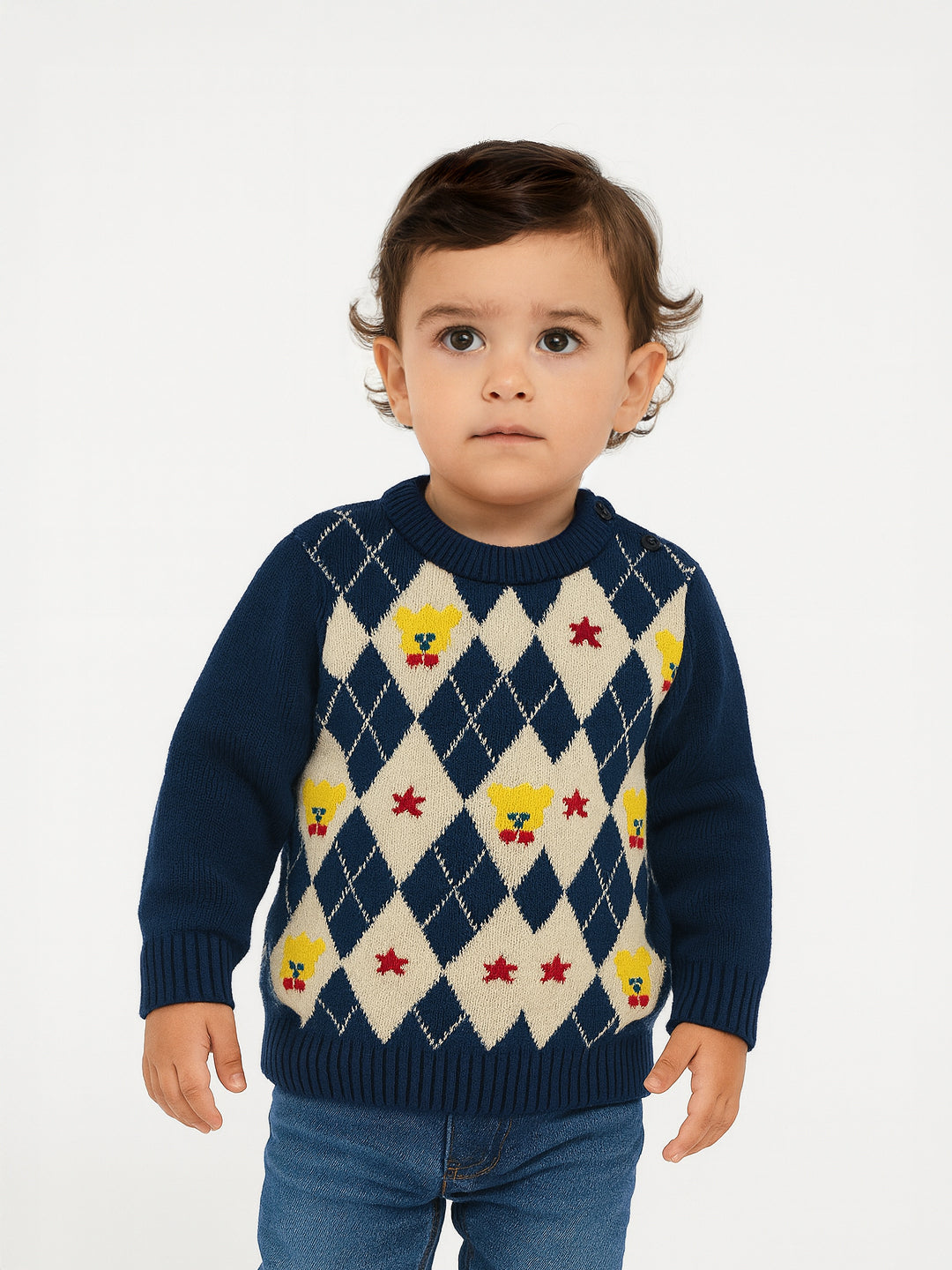 Nautinati Navy Blue and White Argyle Design Flat-knit Sweater for Boys