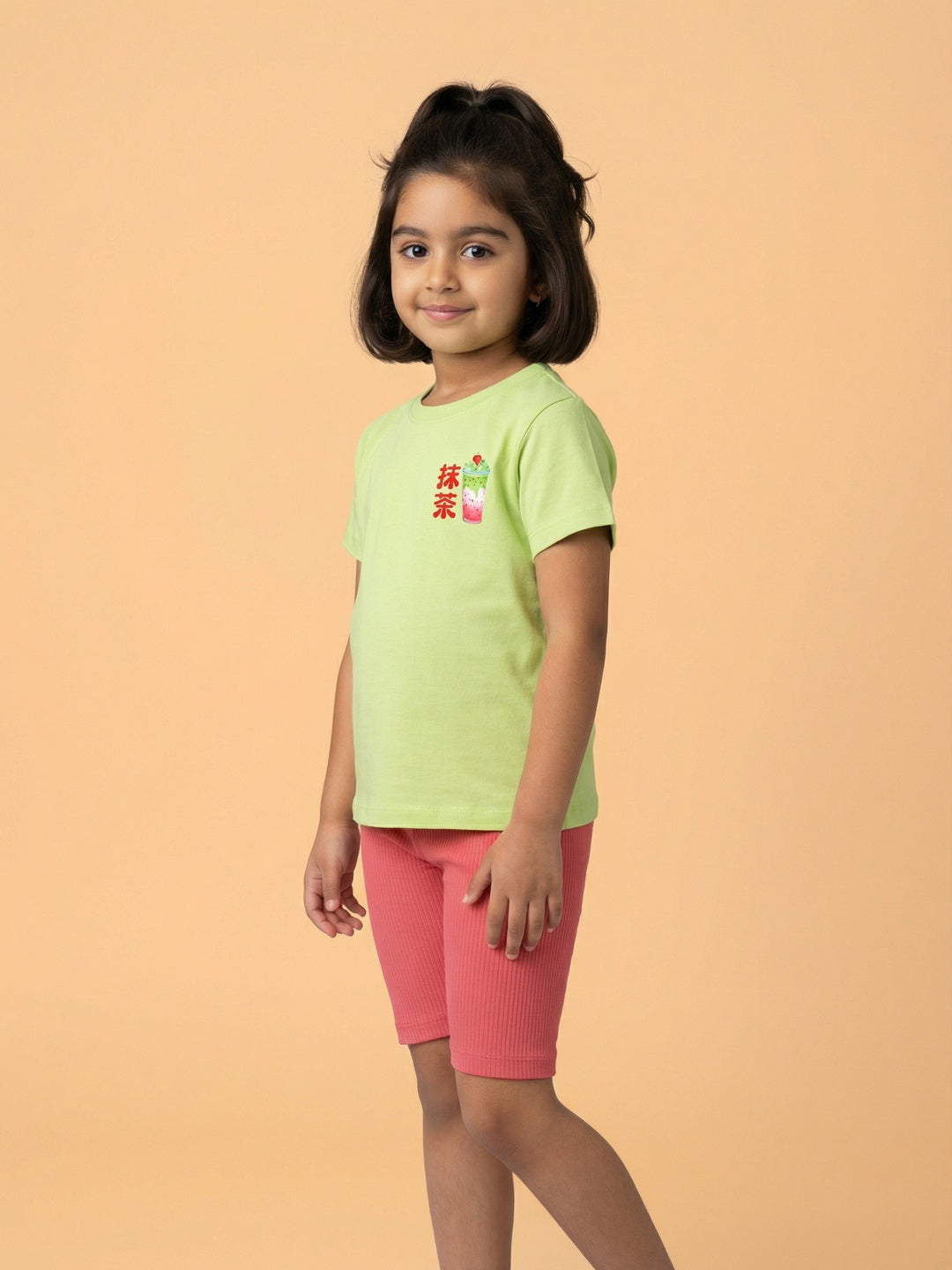 Nautinati Girls Matcha Print Oversized Crew Neck Green T-shirt and Biker Shorts Clothing Set