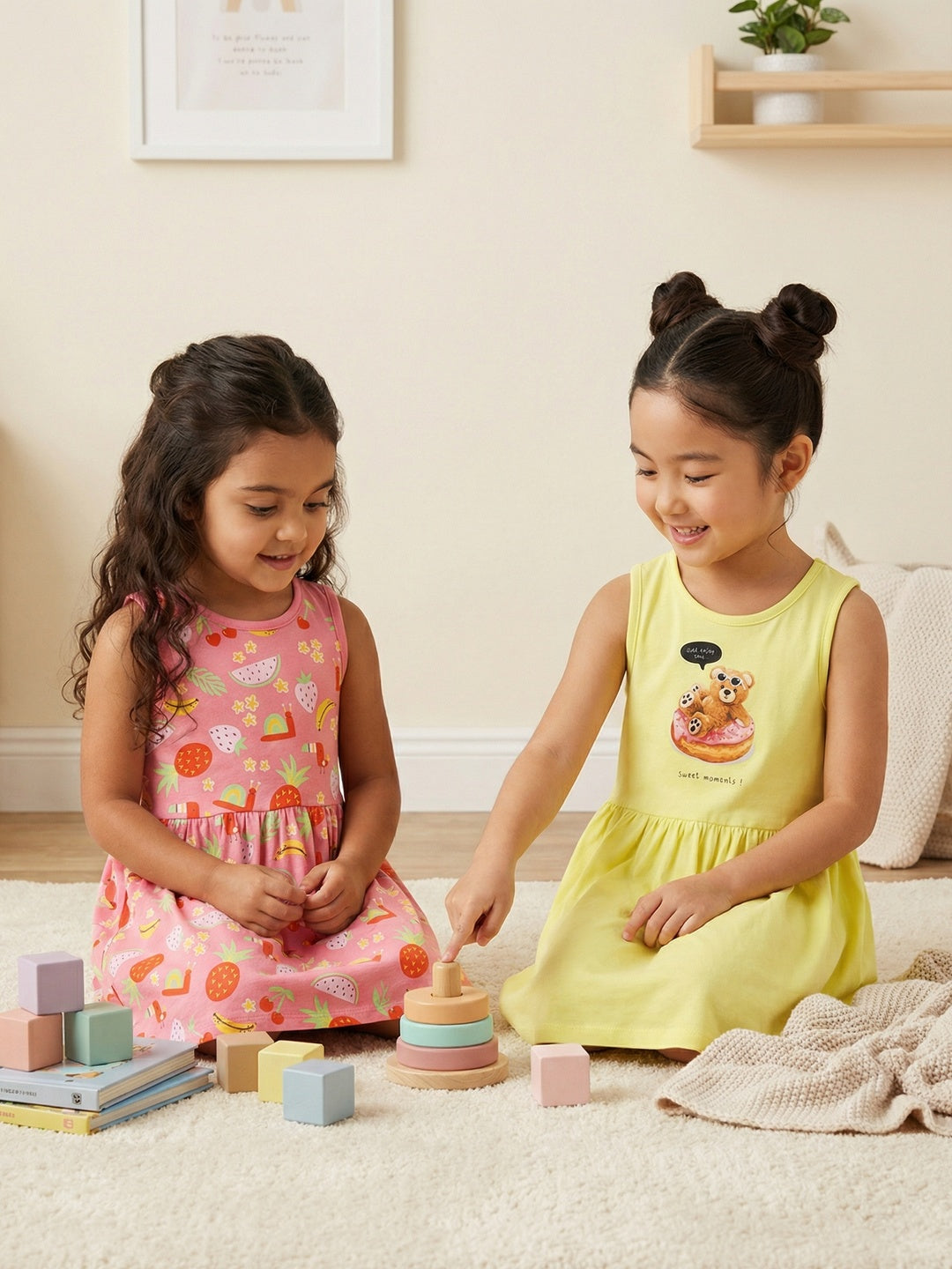Nautinati Girls' 100% Cotton Pack of 2 Fit & Flare Dresses with Tropical-theme Teddy Graphic & Fruit All-over Print
