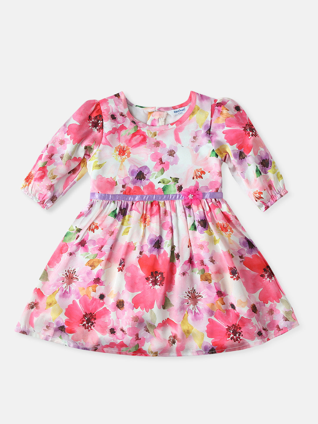 Nautinati Girls Floral Frock With Flower at Waistband