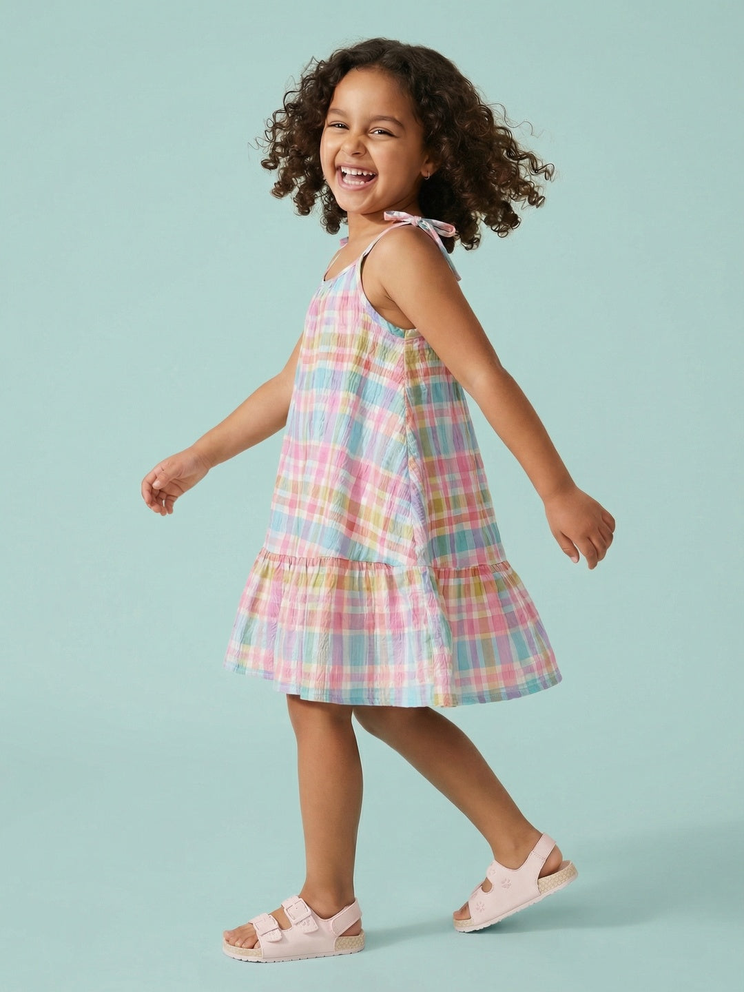 Nautinati Girls' Cotton A-line Pastel Gingham Chequered Strappy A-line Drop Waist Dress
