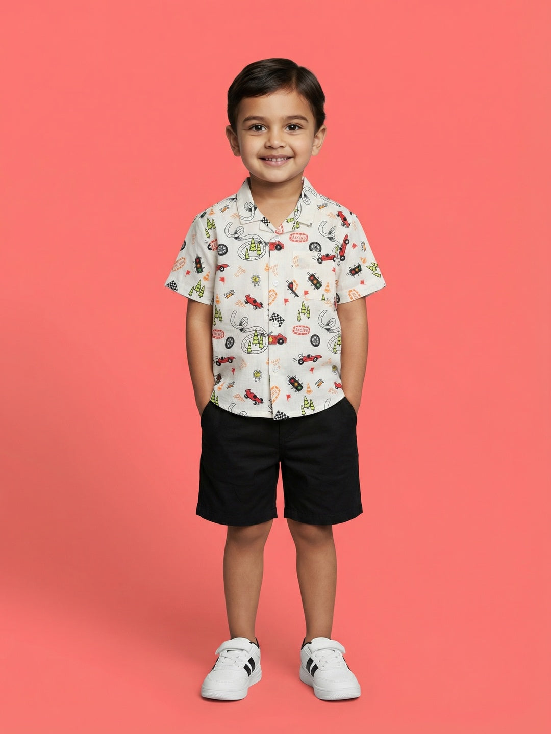 Nautinati Boys 100% Cotton Racing Printed Oversized Resort Shirt and Shorts Set
