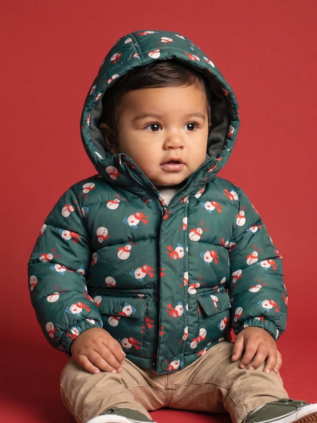 Nautinati Baby Boys Hooded Snowman Printed Puffer Jacket with Front Zip, Regular Fit