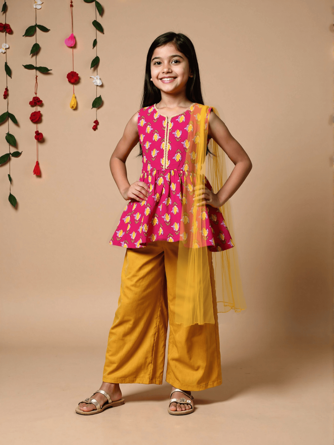 Nautinati Pink & Yellow Festive Ethnic Set for Girls – Cotton Comfort & Style