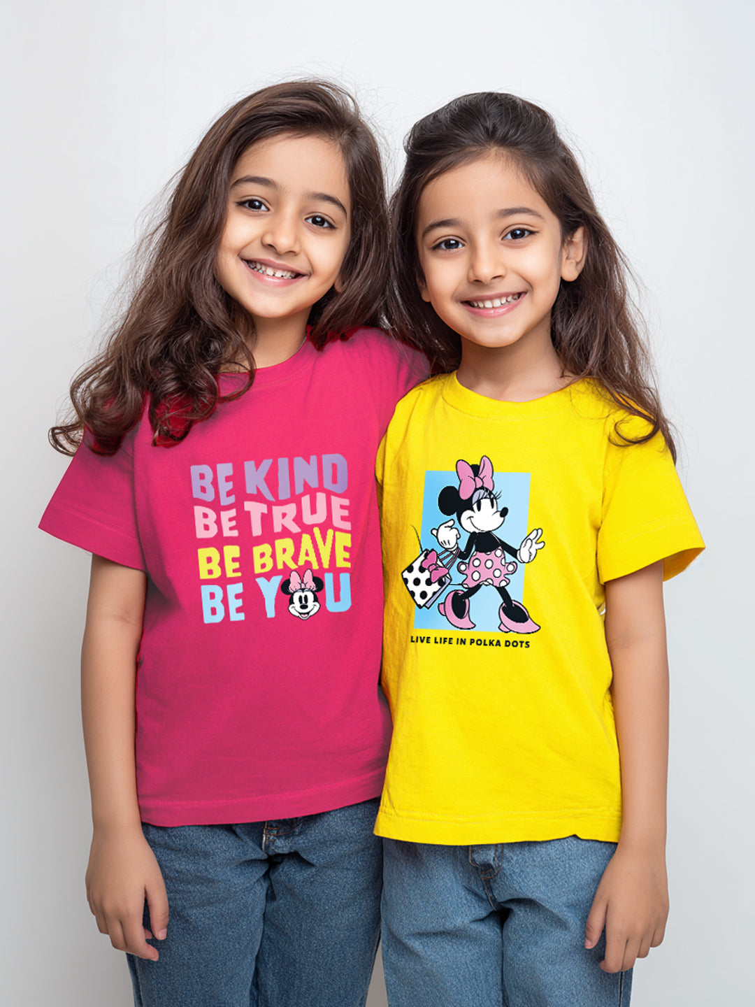 Nautinati Pack of 2 Pink and Yellow Minnie Mouse Print T-shirts for Girls
