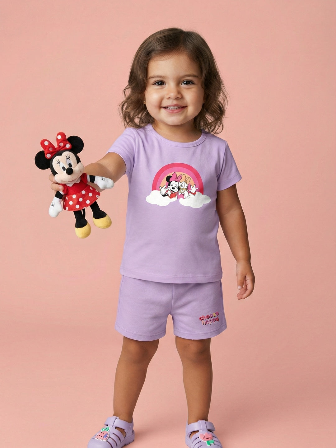 Nautinati Girls' Cotton Disney Minnie Mouse and Daisy Printed T-shirt and Shorts Co-ord Set