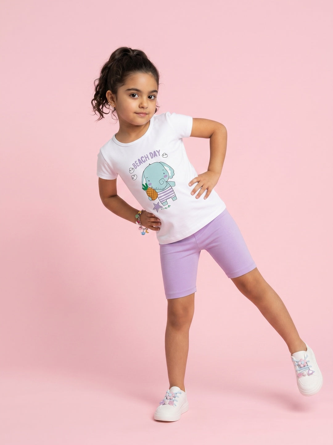 Nautinati Girls' Cotton Cute Elephant Printed T-shirt and Biker Shorts Co-ord Set