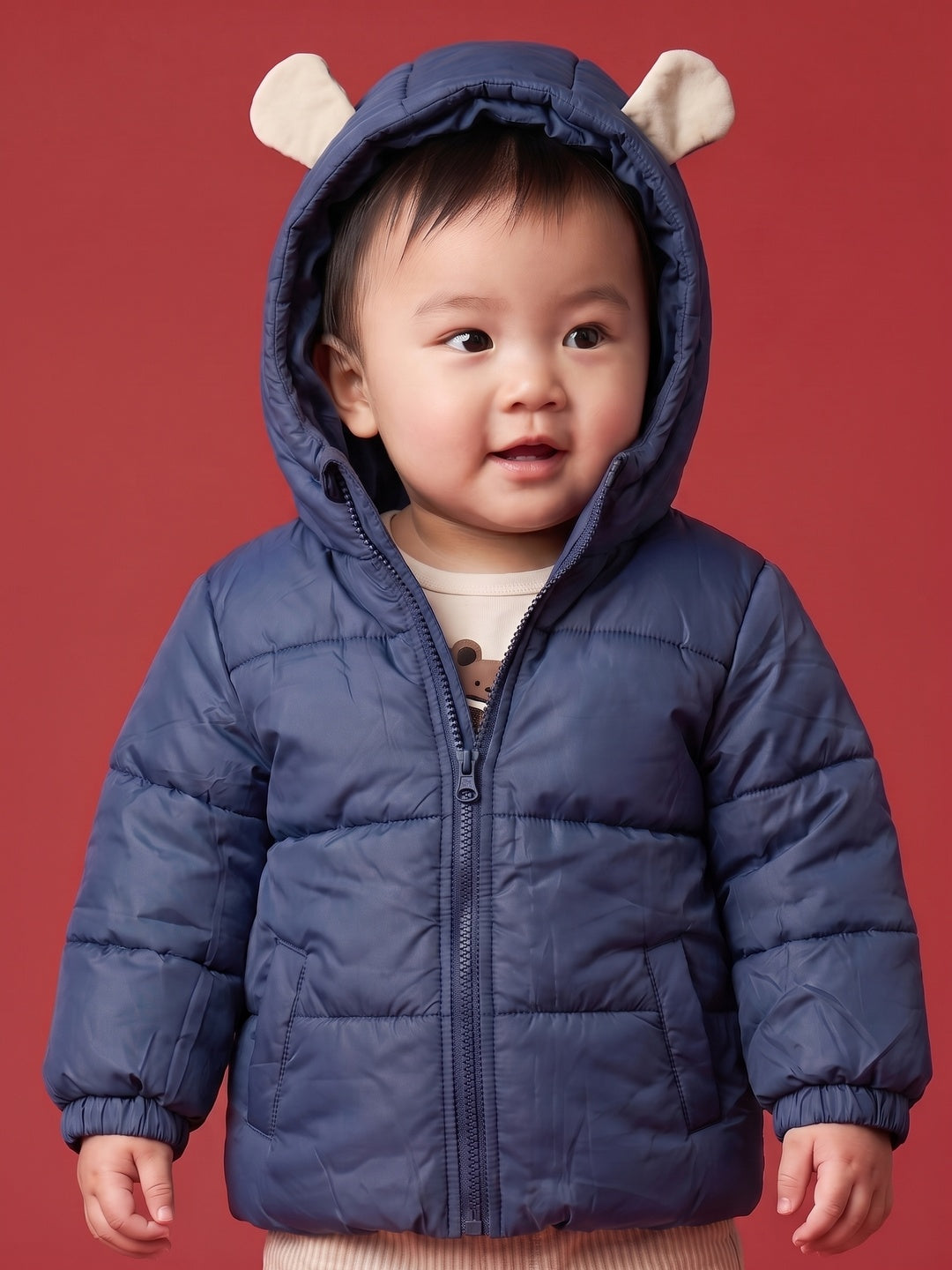 Nautinati Baby Boys Hooded Puffer Jacket with Bear Ear Appliques and Front Zip Closure