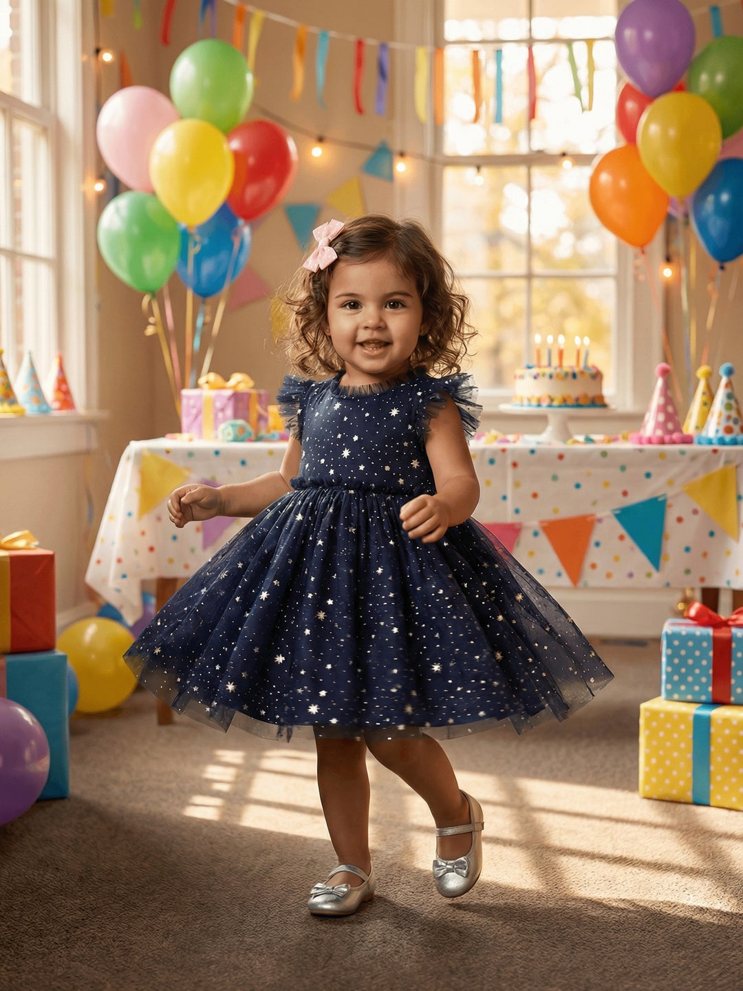 Nautinati Baby Girls' Fit & Flare Party Dress with Holographic All-over Star Foil Print Mesh